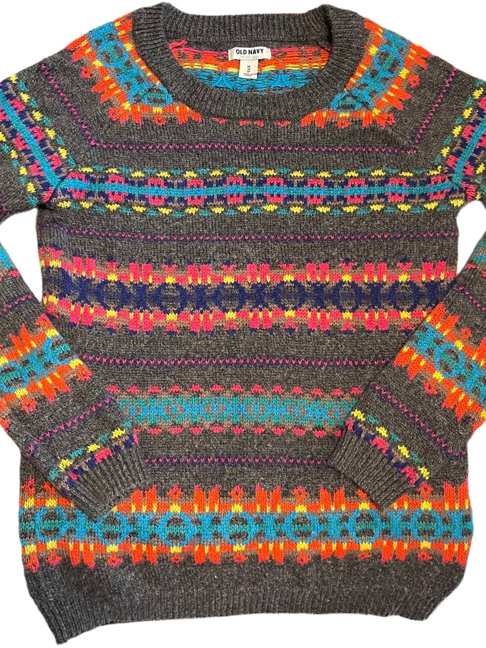 Vintage Old Navy Women's Gray Fair Isle Crewneck Sweater with Multicolor Pattern